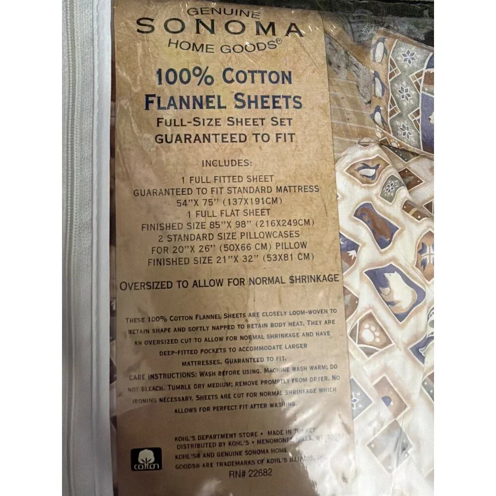 Sonoma Home Goods‎ 100% Cotton Flannel Sheets Full-Size Set Rustic Bear NEW
